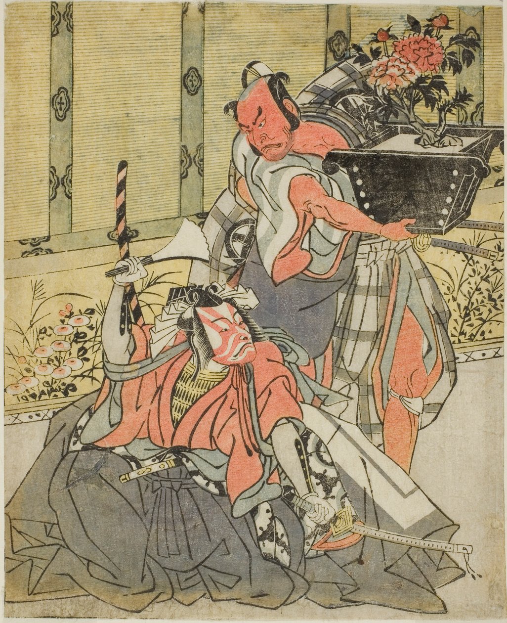 大谷广右卫门三世饰演品川冈之助（右），市川团十郎五世饰演岚石大德之助（左），在吉原剧场演出的话剧《重修屋顶：月亮也照耀吉原游乐区》中。 作者 胜川俊章