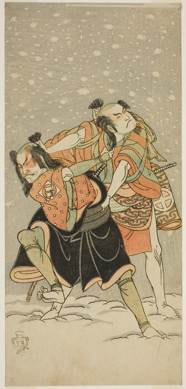 1768 年 9 月在市村剧场演出的《姬小松ねのひあそobi》中饰演龟尾的大谷弘治三世（右）和饰演阿里奥的坂田佐九郎一世（左）。 作者 胜川俊章