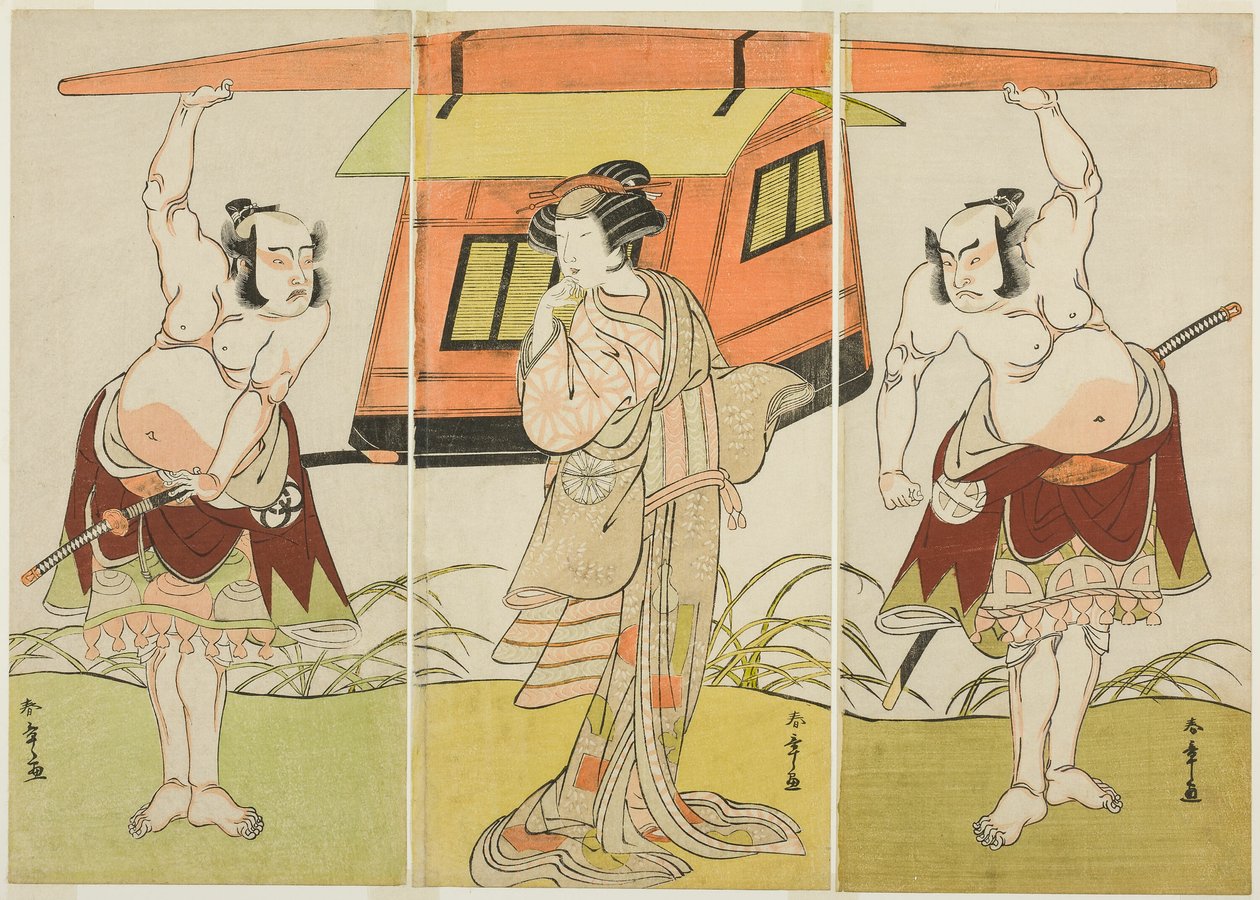 演员大谷弘治三世饰演横兵卫（右）、中村富十郎一世饰演九之叶（中）、万户光五郎一世饰演八神卫（左），演出剧目《筱田森林的妻子》中的最后一幕，作为剧目《Kikyo-zom》的补充演出 作者 胜川俊章