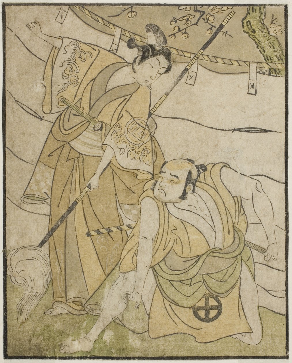 1770 年 11 月在市村剧场演出的话剧《妙音菊伊豆之纪》中饰演江户平的大谷友右卫门一世（右）和饰演真田阳一的佐野川市松二世（左）。 作者 胜川俊章