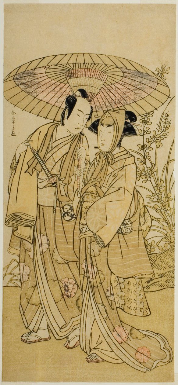 濑川菊之条三世（右）和万户光五郎一世（左）在《歌舞伎之花万代曾我》中饰演杂货商咸兵卫，1781 年 4 月在市村剧院演出 作者 胜川俊章