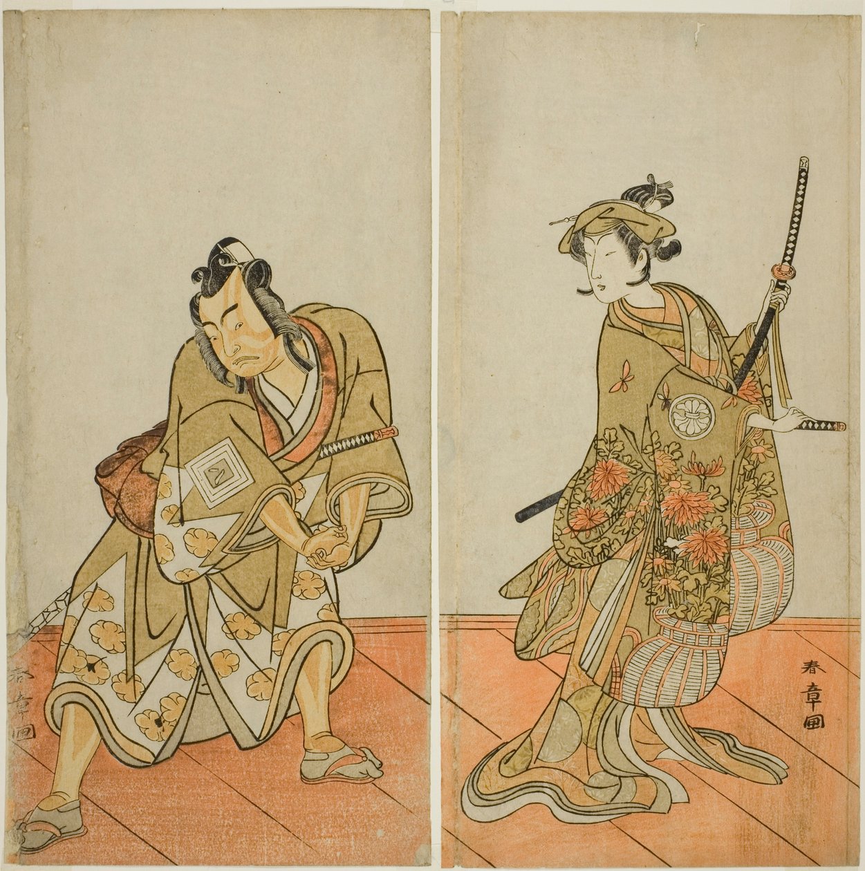 1774 年 11 月在市村剧场演出的《千乡樱花珠山金》中饰演爱乡之华的濑川菊之丈三世（右）和饰演八尾丸荒鸟的市川耀造二世（左）。 作者 胜川俊章