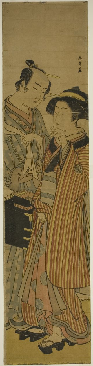 1776 年 3 月在中村剧场演出的戏剧《Koi Musume Mukashi Hachijo》中饰演大驹的演员濑川菊之条三世（右）和饰演理发师小花齐三郎的岚三郎三世（左）。 作者 胜川俊章