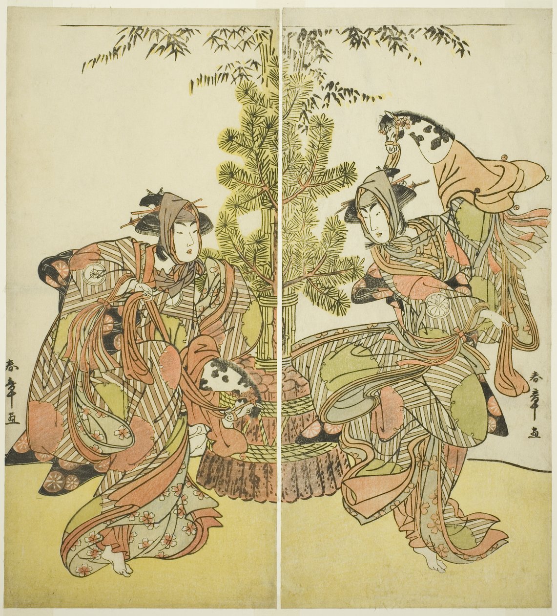1782年11月在中村剧场演出的《神代源氏三杉之恋》中饰演安方（右）的濑川菊之条三世和饰演宇都的岩井半四郎（左）。 作者 胜川俊章