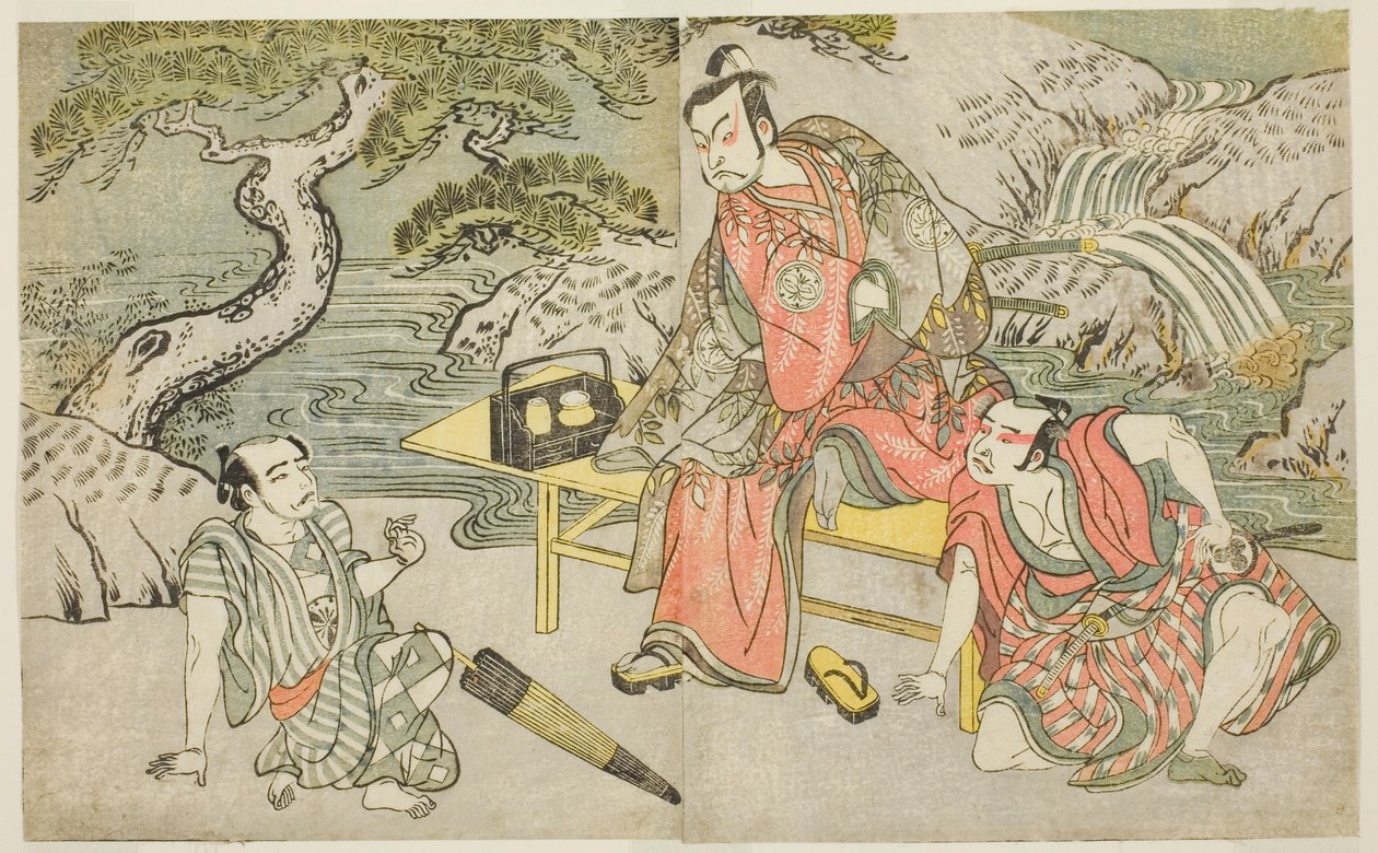 富泽半三郎二世饰演名古屋三左卫门（常被称为三座）（右），中村十藏二世饰演福和半左卫门（中），还有一位身份不明的演员饰演扒手松本大七（左），在 "Fuki Kaete Tsuki mo Yoshiwara "一剧中演出。 作者 胜川俊章