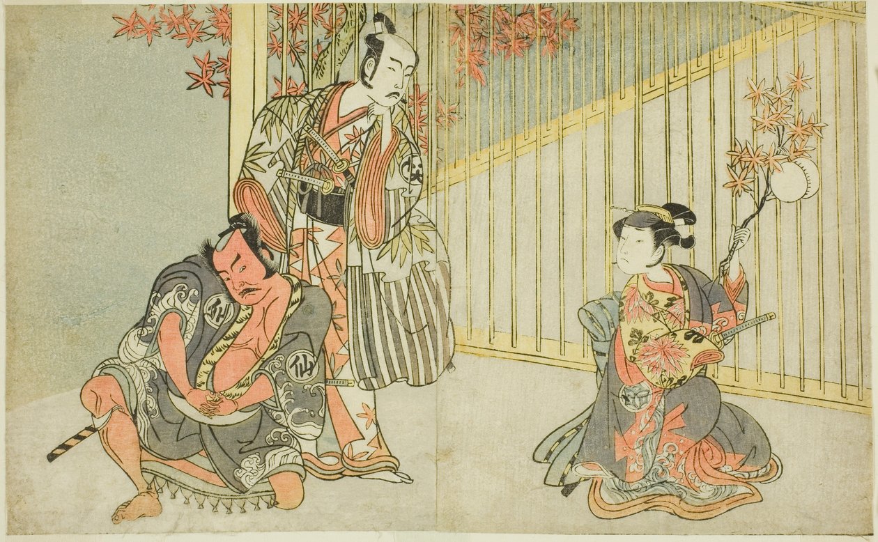 山下金作二世饰演 Mutsuhana（右），Bando Mitsugoro I 饰演 Kashiwagi no Emon（中），Nakamura Sukegoro II 饰演 Akamatsu Mushanosuke（左）：月也照耀吉原 作者 胜川俊章