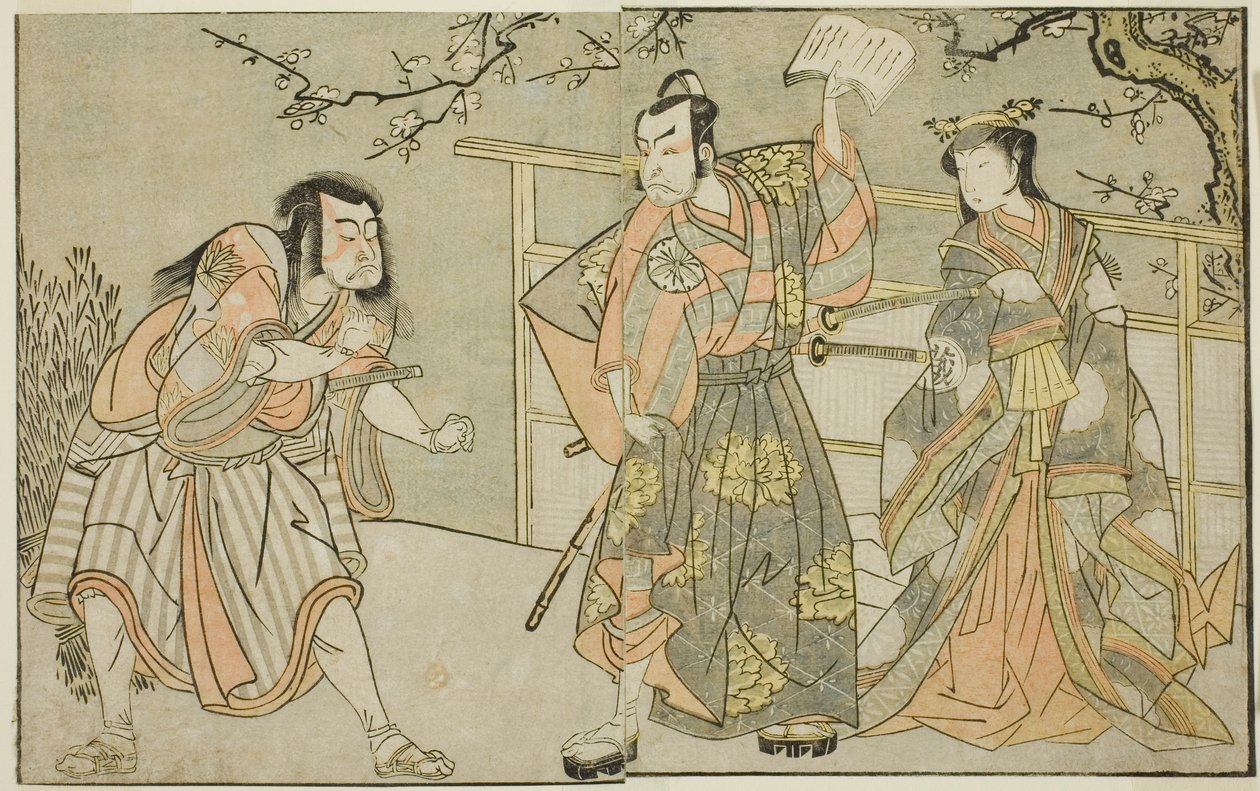 十一月在中村剧场上演的话剧《国之花小野之五云寺》中饰演小野小町（右）的演员山下耀三（一世）、饰演五代三郎（中）的松本幸四郎（二世）和饰演大友黑之（左）的市川团三（三世）、 作者 胜川俊章