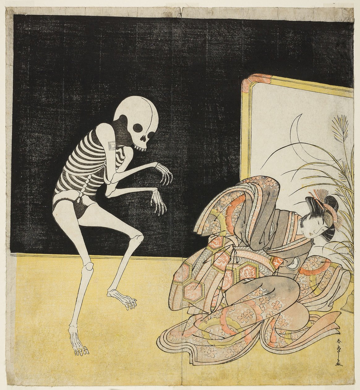 市川团十郎五世饰演骷髅、叛逆僧侣清源的灵魂（左），岩井半四郎四世饰演樱花公主（右），出演话剧《松樱遗事》。 作者 胜川俊章