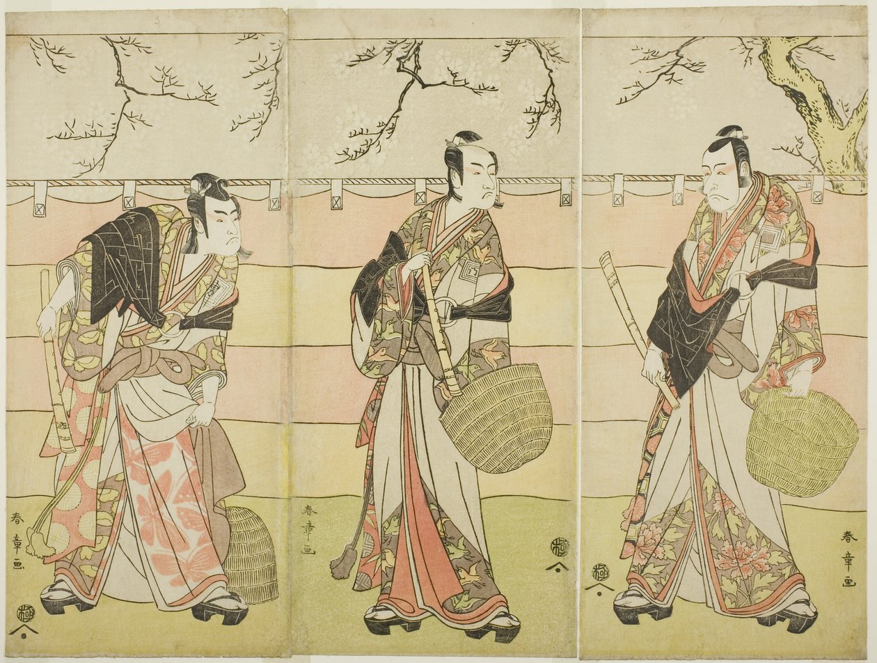三个小武藏和尚：话剧《和歌村崎江户僧曾我》第六幕中饰演工藤肃宗（右）的演员市川惠比藏（丹朱郎五世）、饰演曾我之十郎肃宗（中）的演员市川门之助二世和饰演曾我之五郎时宗（左）的演员市川梅藏一世。 作者 胜川俊章