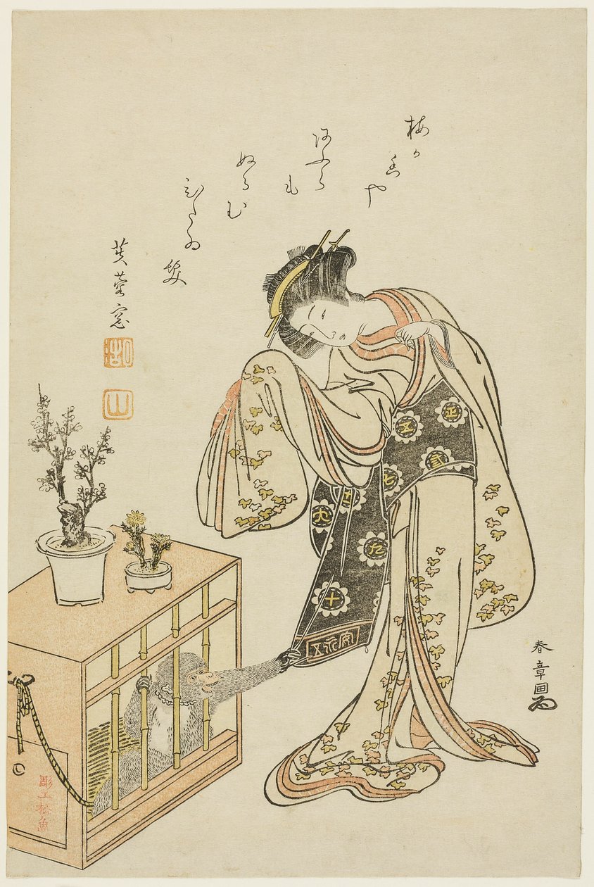 笼猴少女（1776 年新年日历版画） 作者 胜川俊章