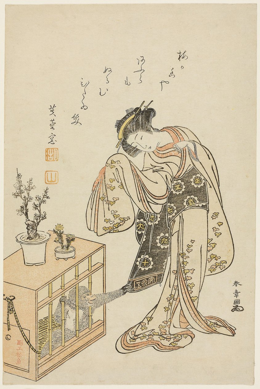 笼猴少女（1776 年新年日历版画） 作者 胜川俊章