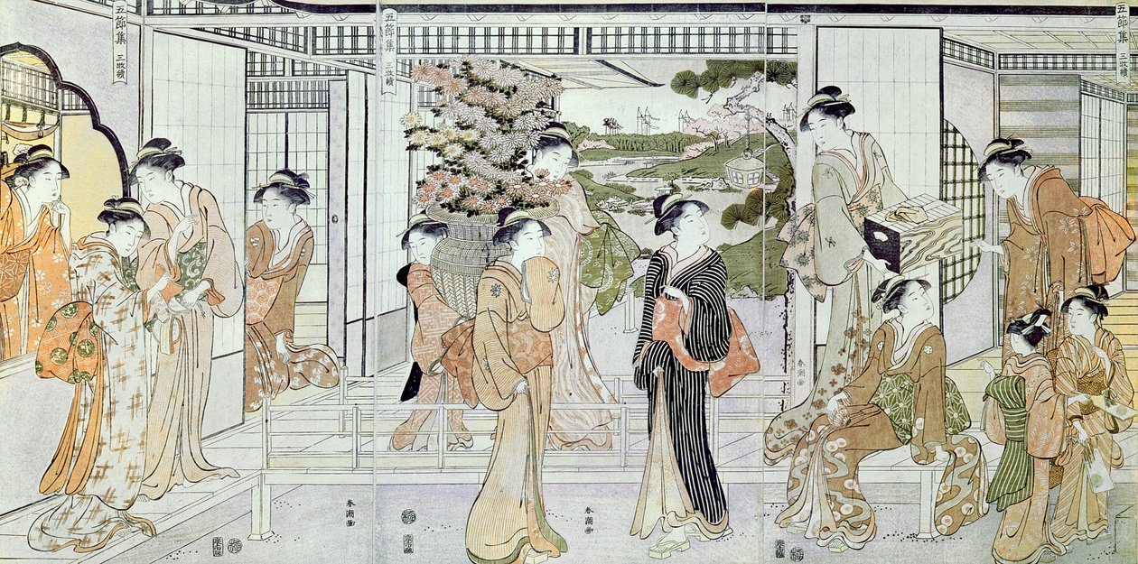 提着菊花篮的年轻女子（彩色木版画） 作者 胜川俊章