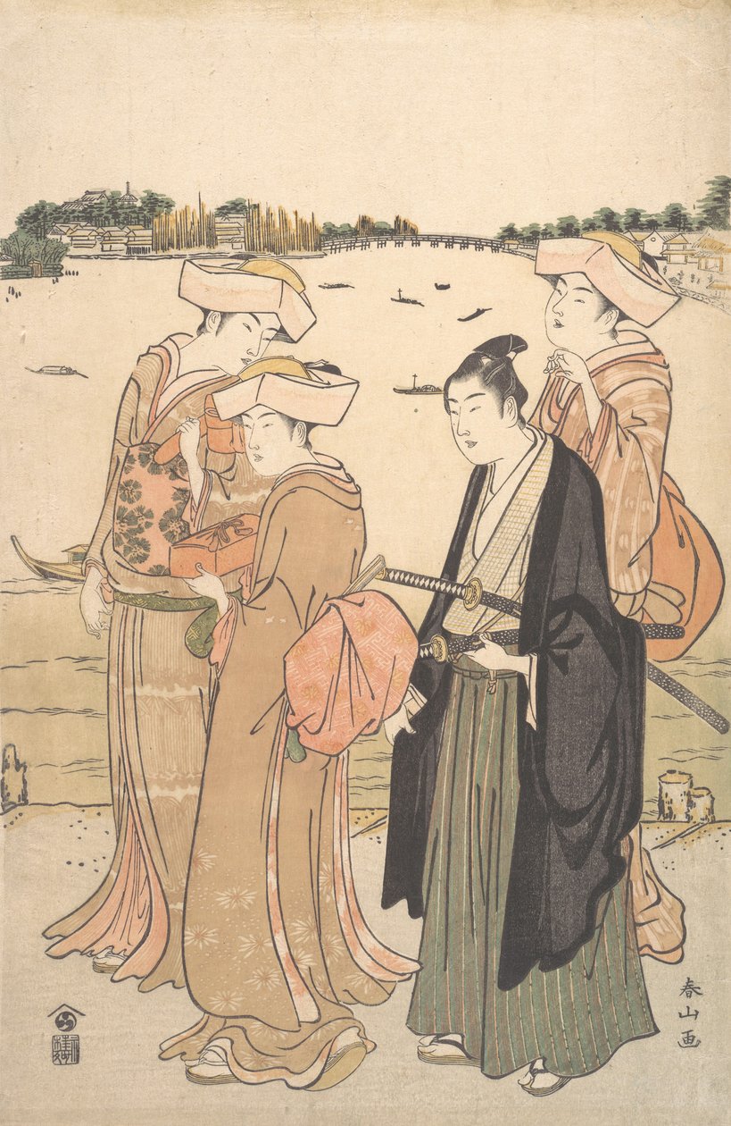 一个年轻的武士和三个女人，约1789年。 作者 胜川顺山