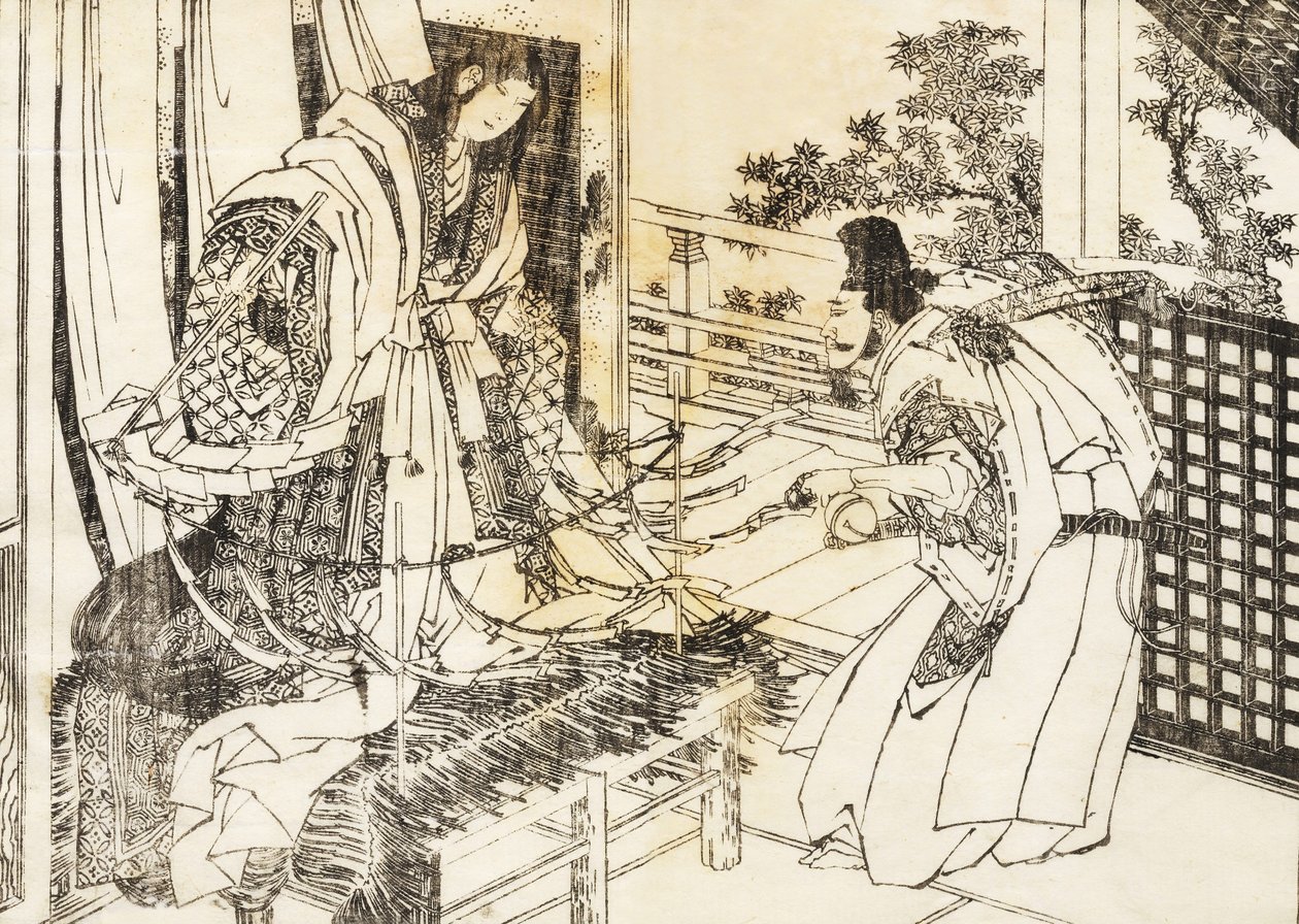 神道神社中的女人有一根带有大量纸叶的棍子 作者 葛饰北斋