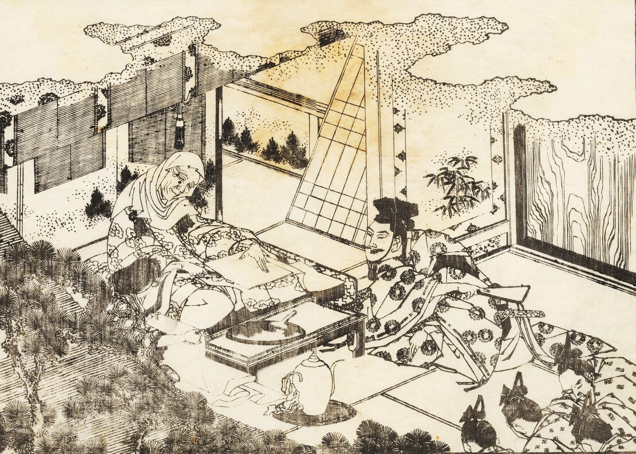 一位老妇人，也许是佛教修女，坐着，一名年轻女子向她读取一些东西 作者 葛饰北斋