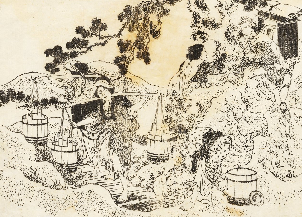 四个女人非常努力工作，携带大桶的水 作者 葛饰北斋