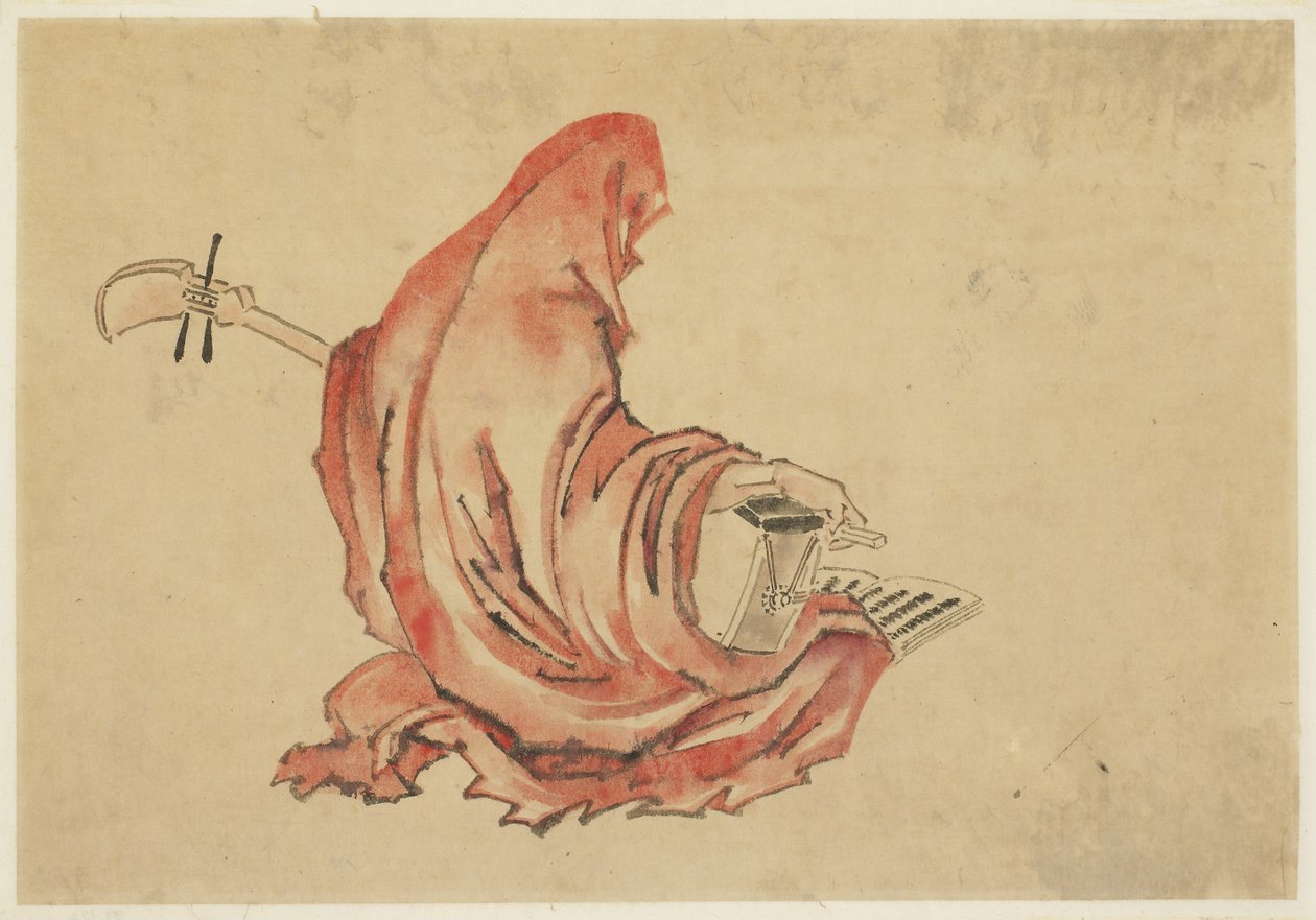 达鲁玛（Daruma）演奏三味线，约1815年至1849年（纸上的墨水和颜色） 作者 北斋葛饰（学校）