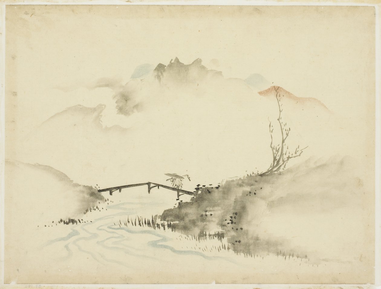 农夫过桥景观，1615-1868年（纸上的墨水和彩色） 作者 北斋葛饰（学校）