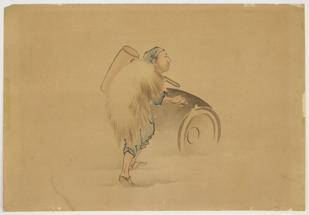 槌槌滚桶的男人，约1850年（纸上的墨水和颜色） 作者 北斋葛饰（学校）