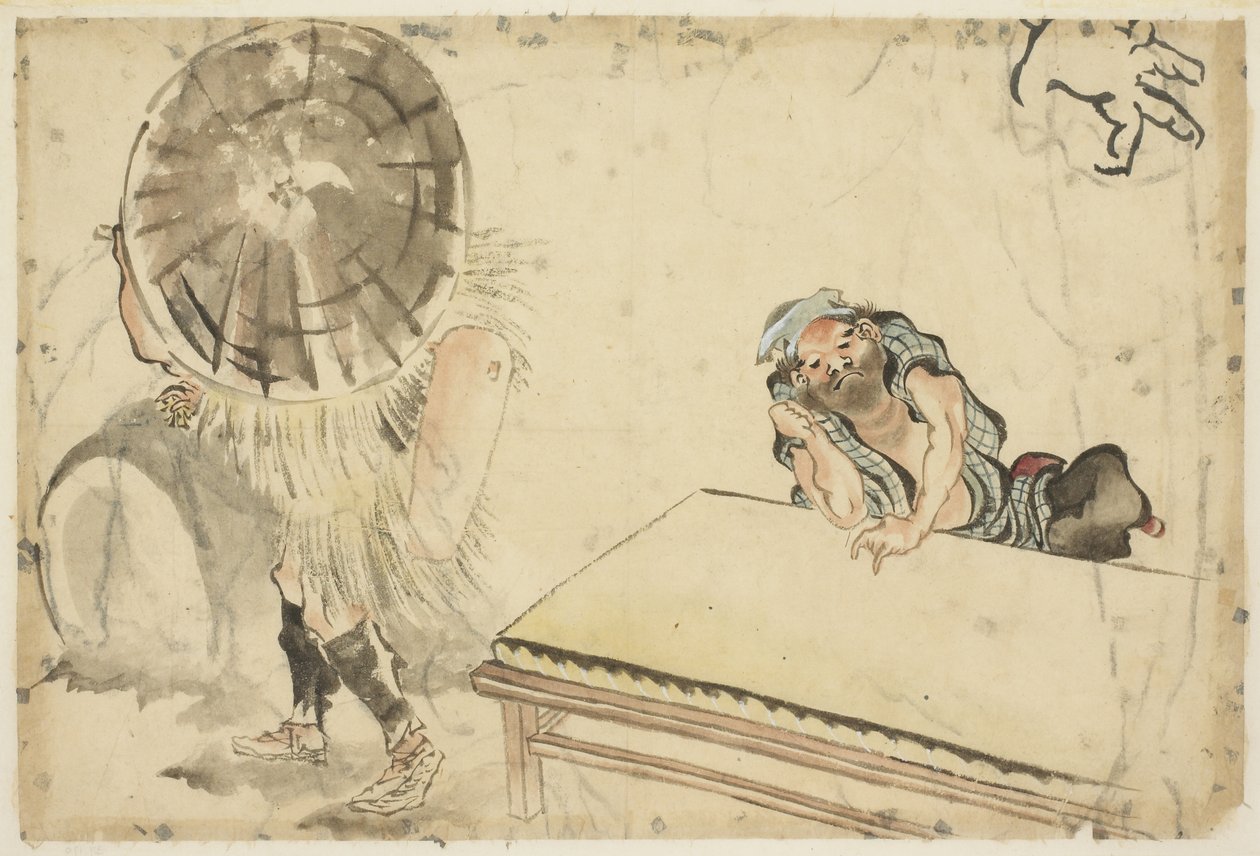 Mochi Maker和Tatami Maker（两个素描），约1815年至1849年（纸上的墨水和彩色） 作者 北斋葛饰（学校）