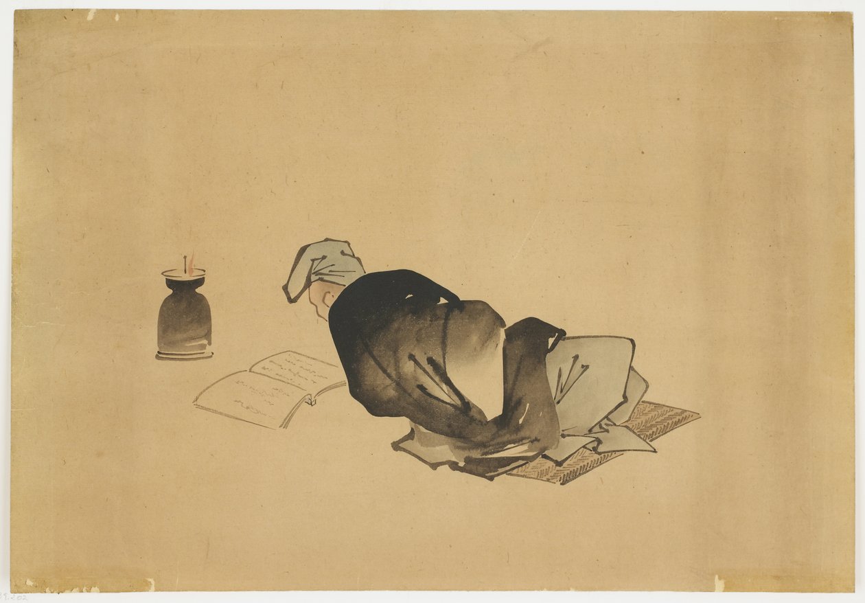 斜倚在灯光下的人阅读，ca。 1850（纸上的墨水和颜色） 作者 北斋葛饰（学校）
