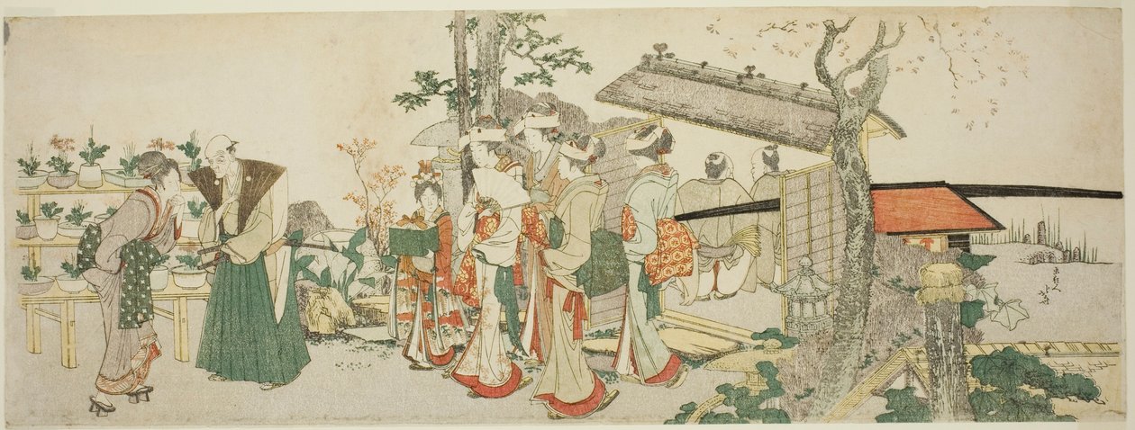 一群年轻女子走进园艺家的花园 作者 葛饰北斋
