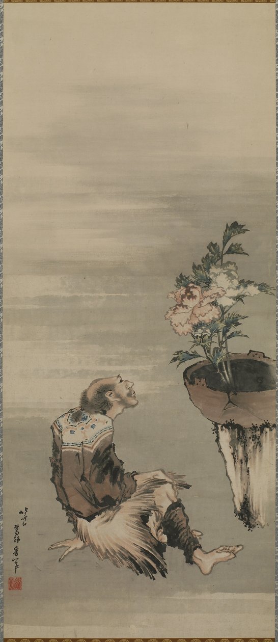 一个坐着的男人看着盆栽的牡丹，江户时代（墨水和纸上的颜色） 作者 葛饰北斋