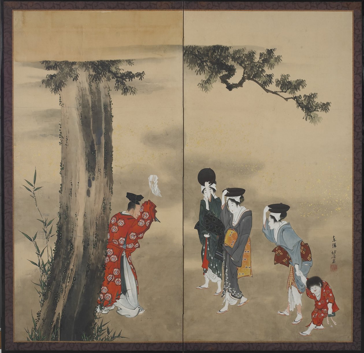 一位神道士、三个女人和一个孩子 作者 葛饰北斋