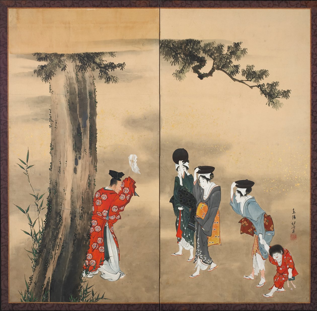 一个神道教牧师，三个女人和一个孩子，江户时代，1799年（墨水，金色和纸上的颜色） 作者 葛饰北斋