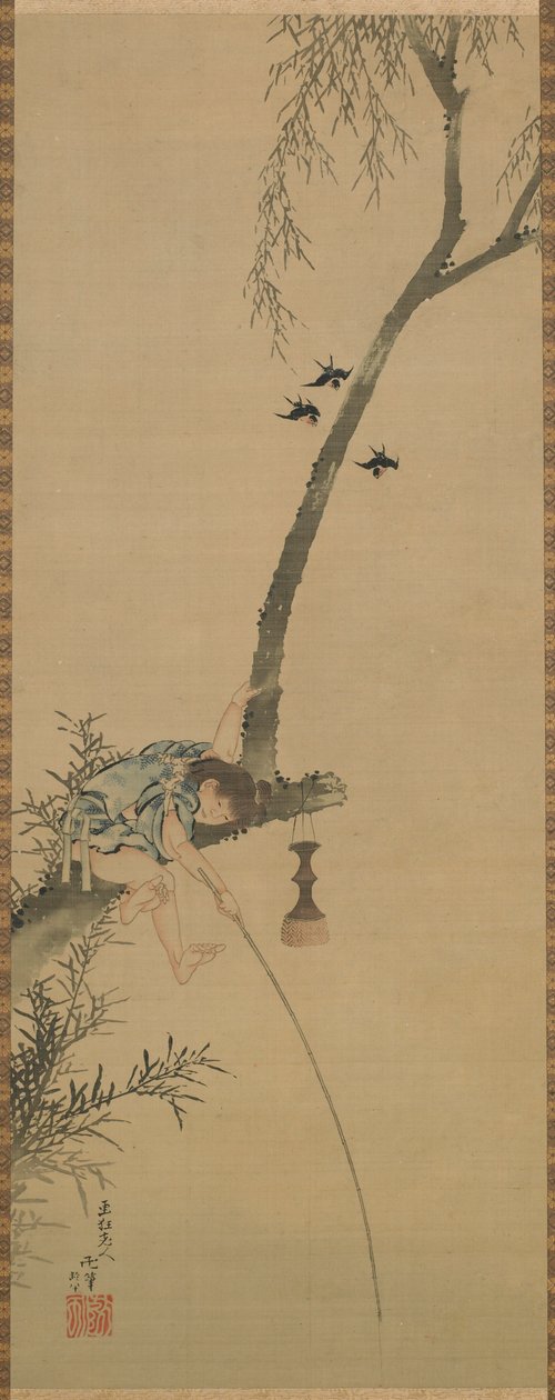 男孩在树枝上钓鱼，江户时期，1839年。 作者 葛饰北斋