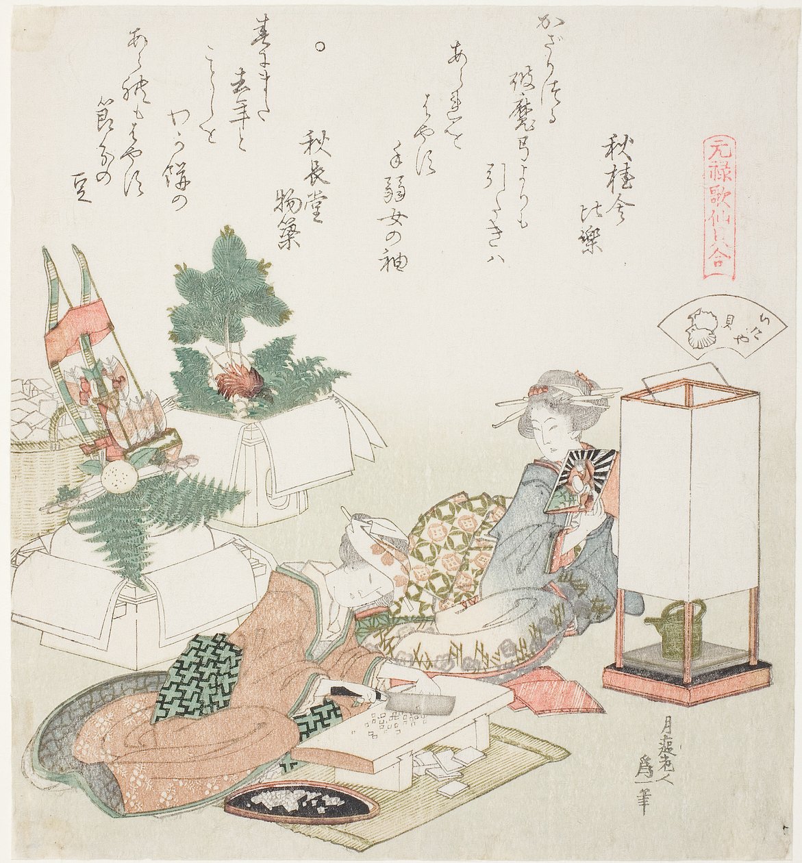 切年糕》，《板屋壳》插图，选自 "元禄时代诗壳配对游戏（元禄 kasen kai awase）"系列 作者 葛饰北斋
