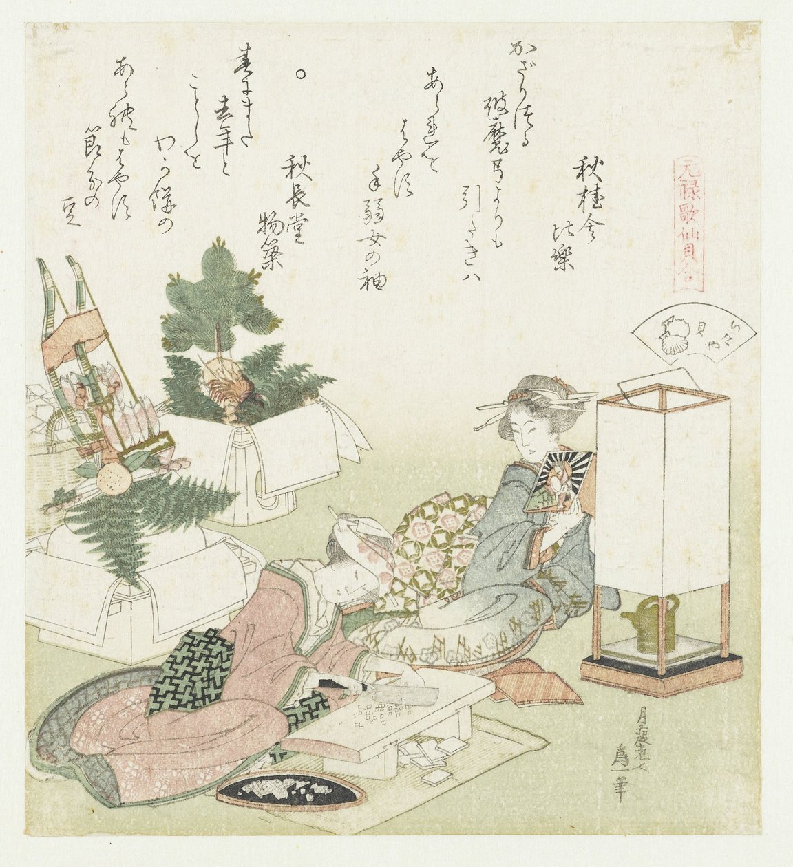 屋顶贝壳
板屋（物件上的标题）
元禄诗与贝壳的比较（系列标题）
元禄诗歌与贝壳的比较（系列名） 作者 葛饰北斋