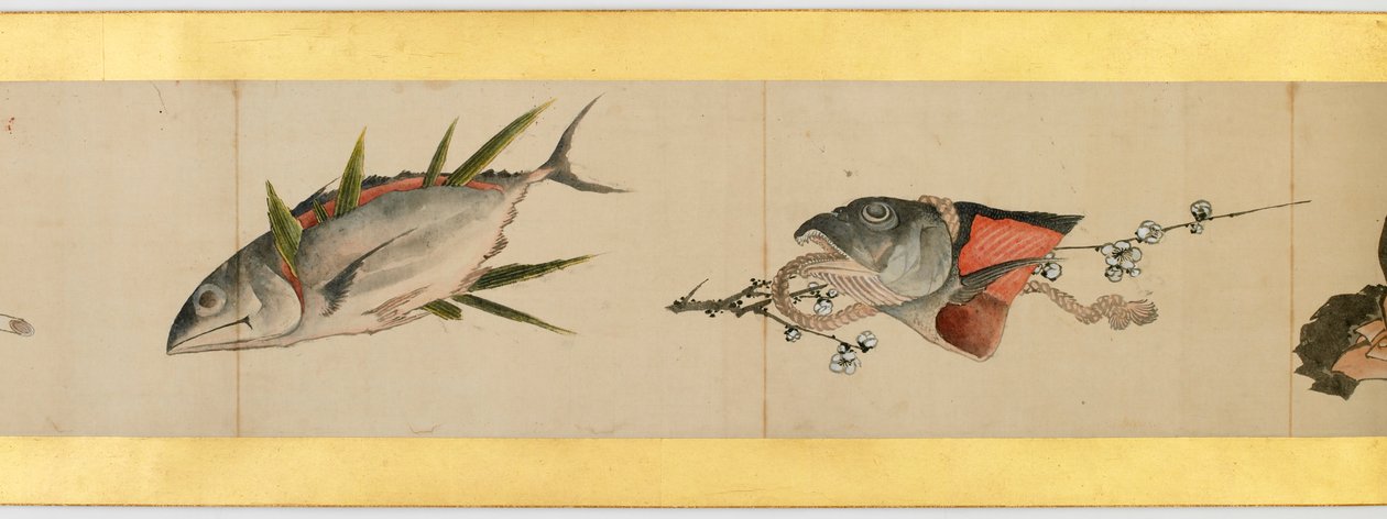 详细的手卷与杂项图像，江户时代，1839墨水和纸上的颜色 作者 葛饰北斋