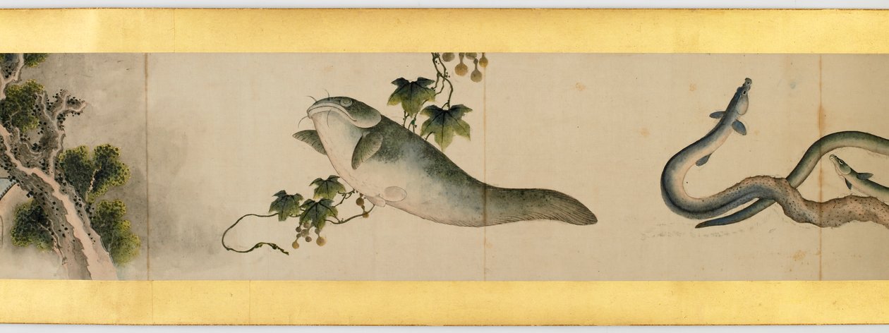 详细的手卷与杂项图像，江户时代，1839墨水和纸上的颜色 作者 葛饰北斋