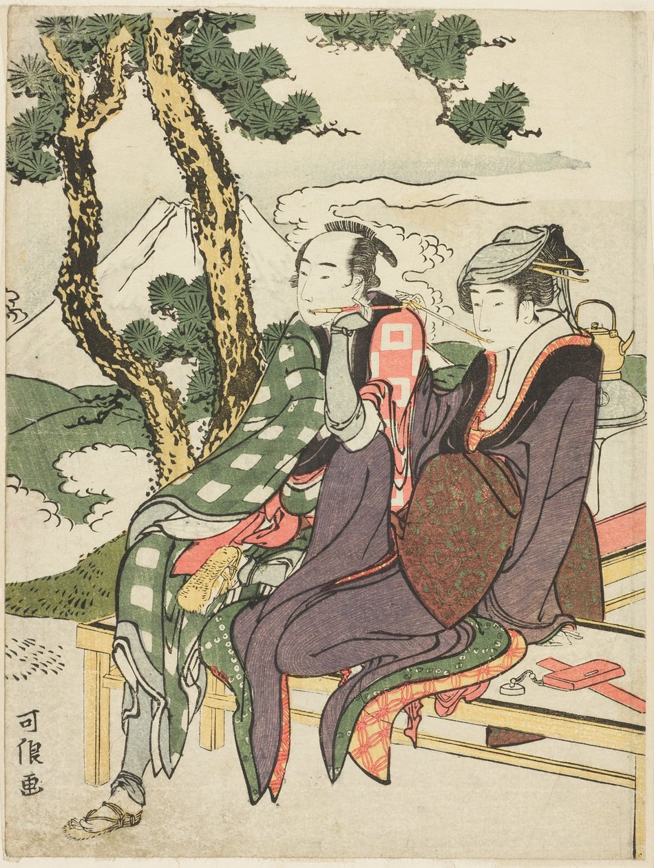 无标题系列 "悲剧恋人八景（Michiyuki hakkei）"中的 "伊达之夜 "和 "关之驹 "的黄昏之光 作者 葛饰北斋