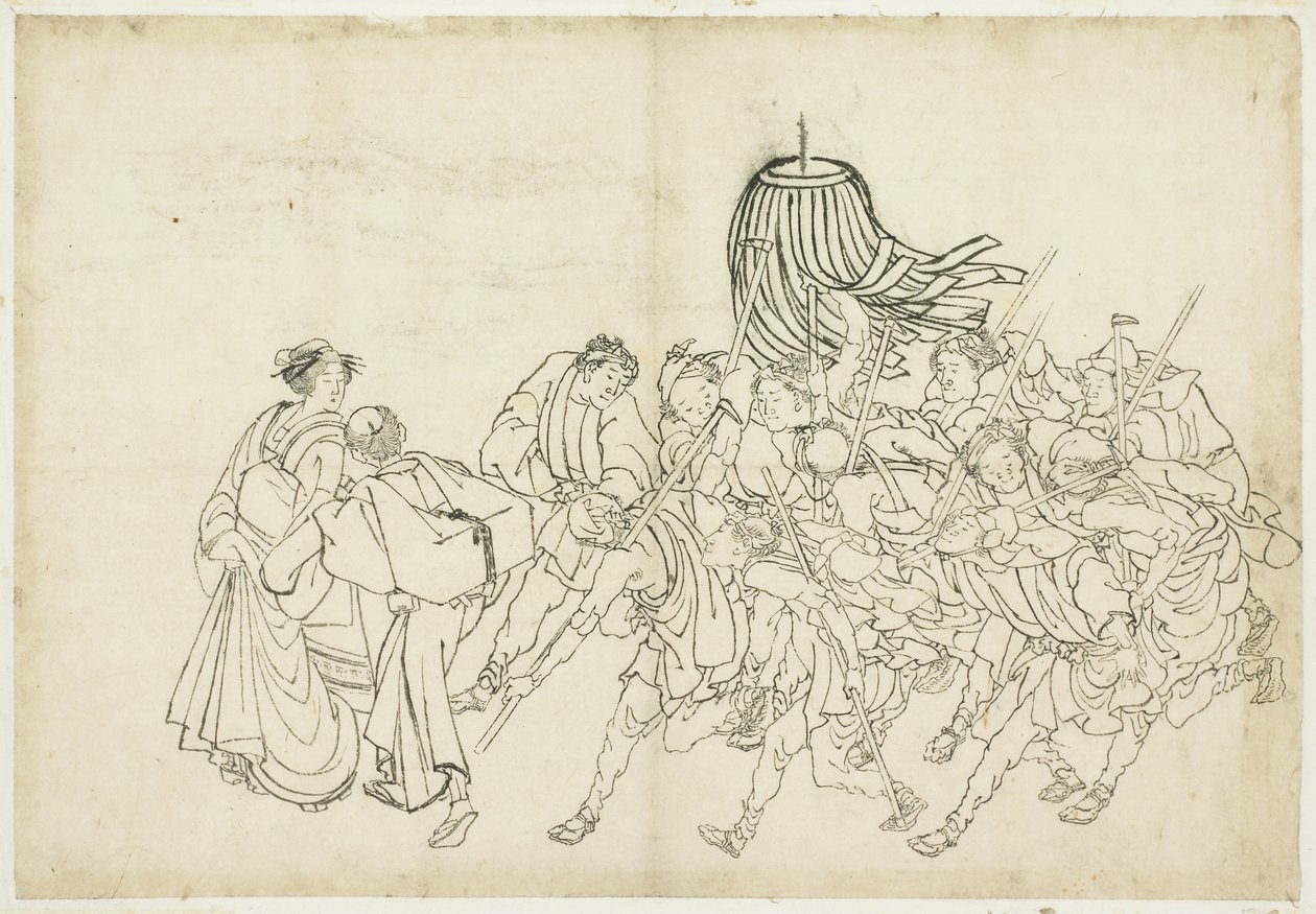 消防员游行到他们的节日，1615-1868年（纸上墨水） 作者 葛饰北斋
