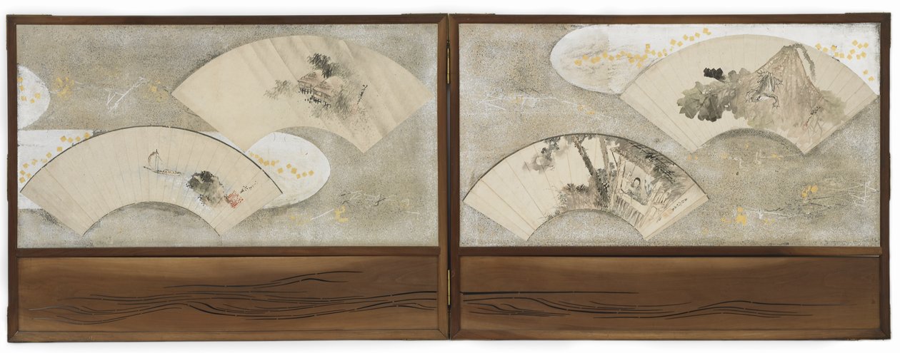 四幅粉丝画：“荷叶上的青蛙”，“房子里的学者”，“风景”，“船和岩石”，江户时代（纸上的墨水和颜色） 作者 葛饰北斋