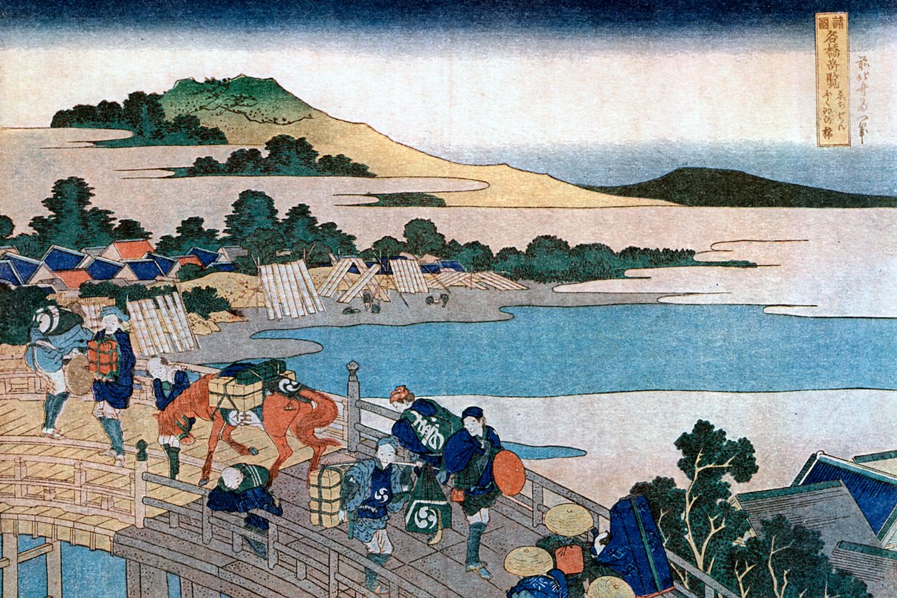 越前省福井桥，c1785-1849年。 作者 葛饰北斋