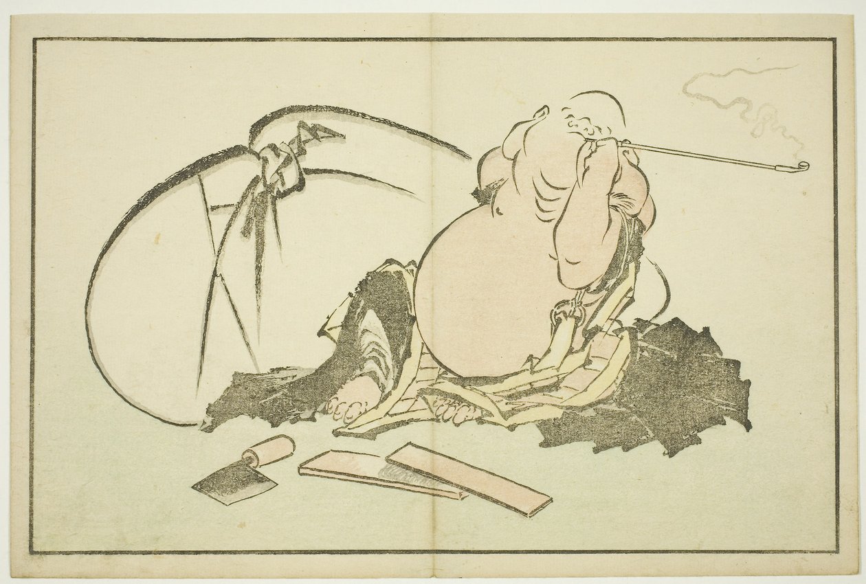 北斋写实画集》中的 "抽烟斗"，约 1814 年（彩色木刻版画（册页 作者 葛饰北斋