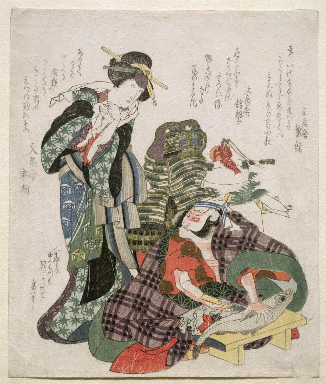 Ichikawa Danjuro和Ichikawa Monnosuke作为Jagekiyo和Iwai Kumesaburo，1824年（木版画） 作者 葛饰北斋