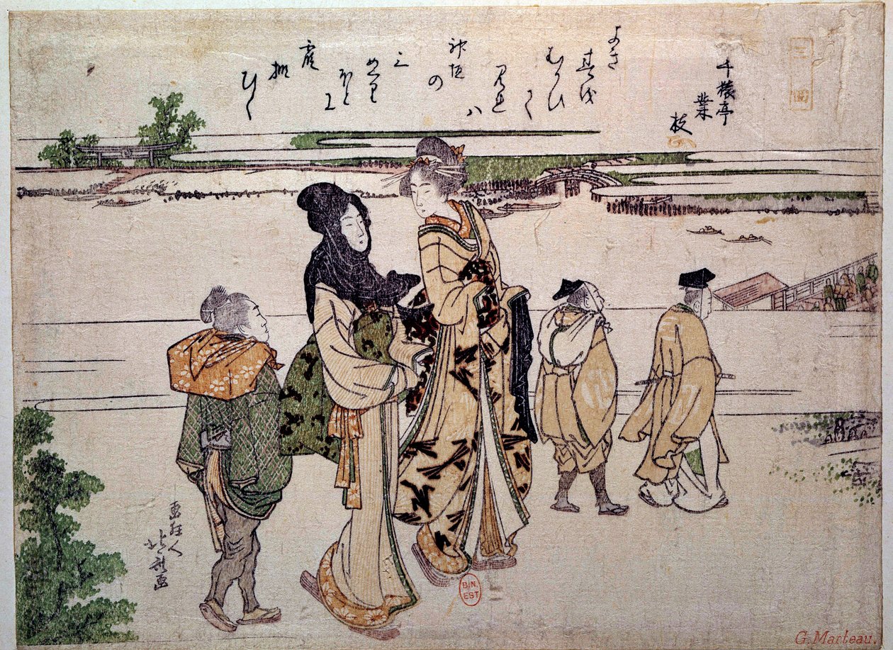 水边的长廊。 葛饰北斋 (1760-1849) 19 世纪的版画。 巴黎，B.N. 作者 葛饰北斋