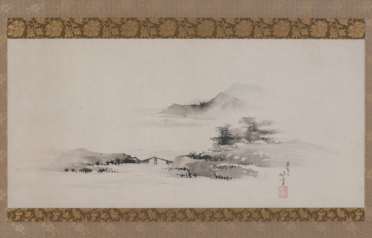 风景，江户时代，c.1801-02（作为挂轴安装在纸上的墨水和颜色） 作者 葛饰北斋