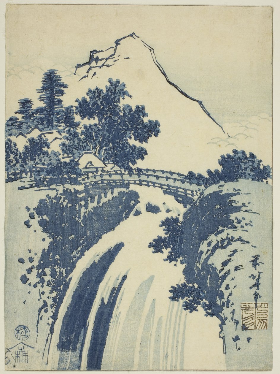 有瀑布的风景，选自无标题的丘班版画系列 作者 葛饰北斋