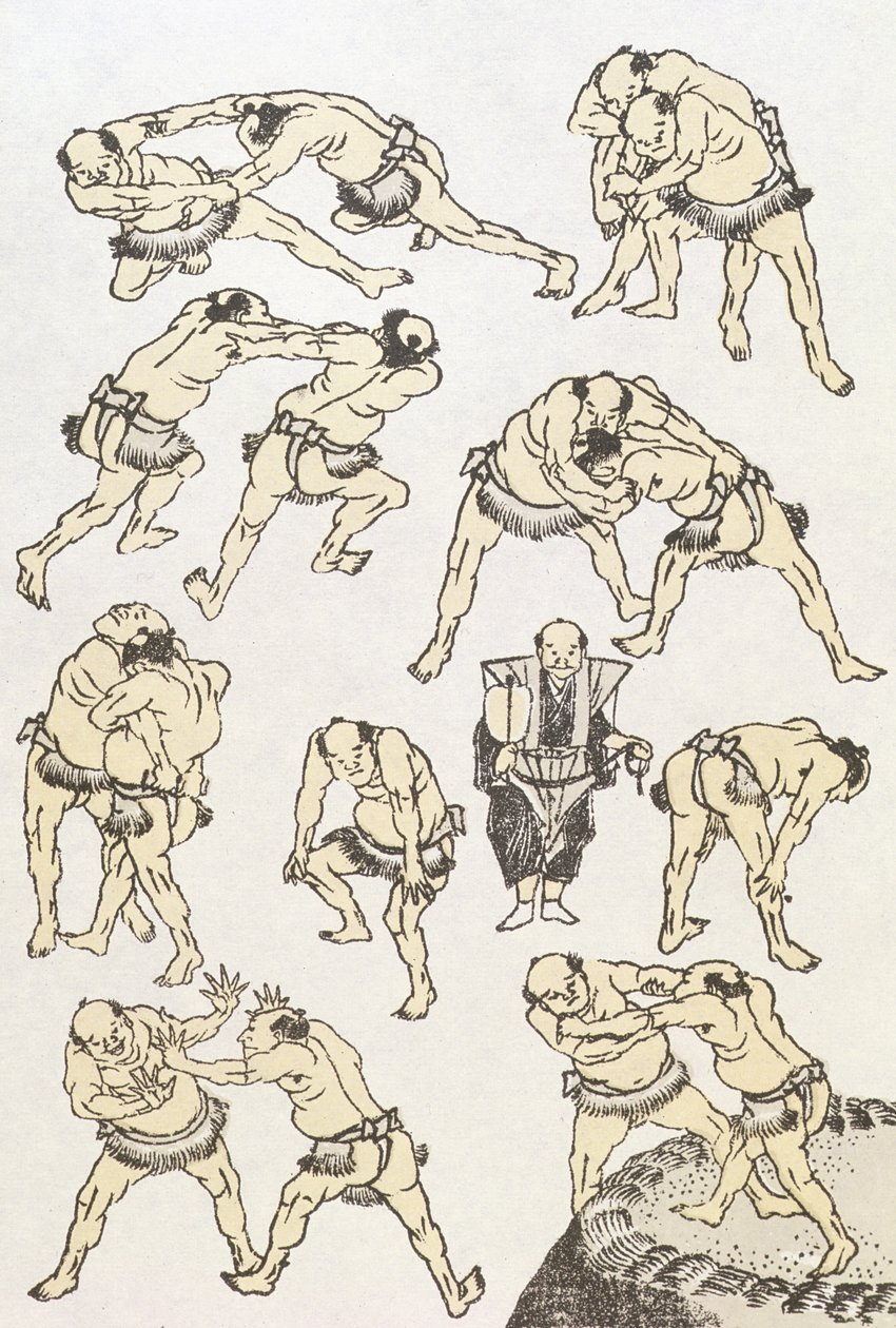 漫画：研究摔跤手的姿势和姿势，酒吧。 1849年，（彩色木版画） 作者 葛饰北斋