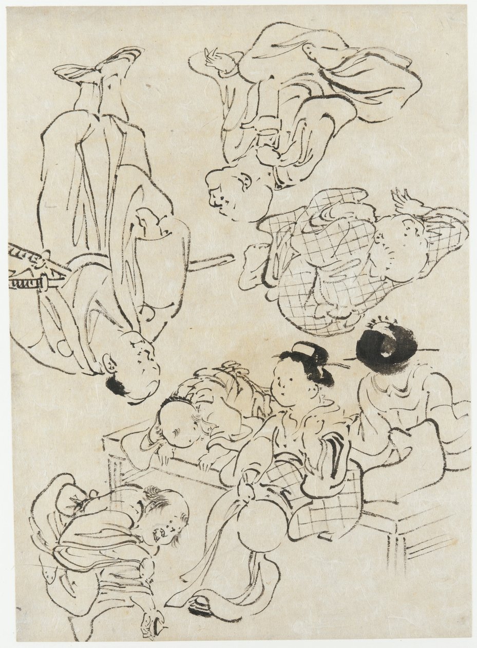 杂项人物：夏日的乐趣，坐在阳台上的人物和（下）武士时代的江户时代（墨水在纸上） 作者 葛饰北斋