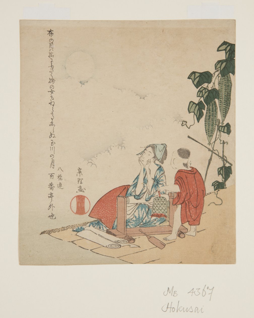 月光下的葫芦花架旁的母子（彩色木版画 作者 葛饰北斋
