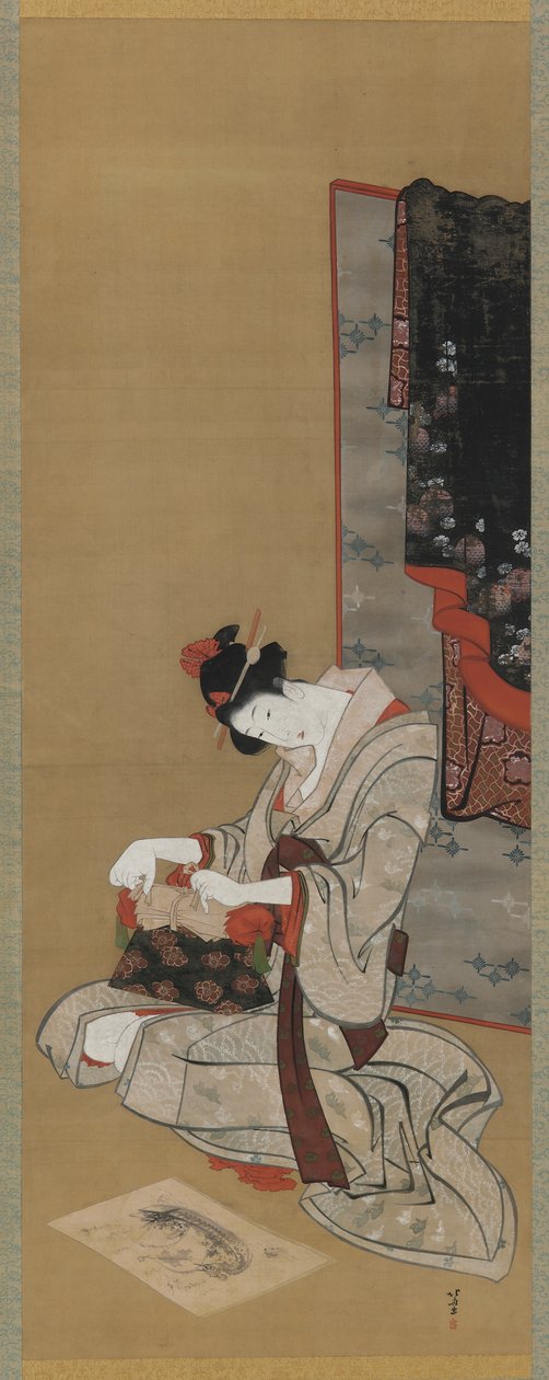 新年风俗：新年早晨化妆，江户时代，c.1806-11（丝绸上的墨水和颜色） 作者 葛饰北斋
