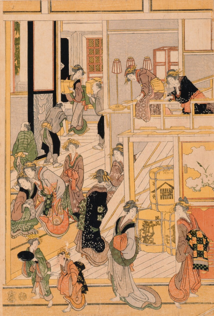 Ogi-ya茶馆的元旦。 c.1810（彩色木版画）（见集277796-277798） 作者 葛饰北斋