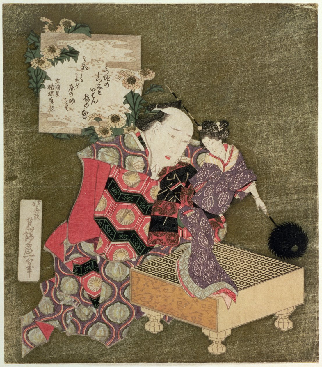 P.443-1937一个男人在围棋板上表演女性傀儡（木版画） 作者 葛饰北斋