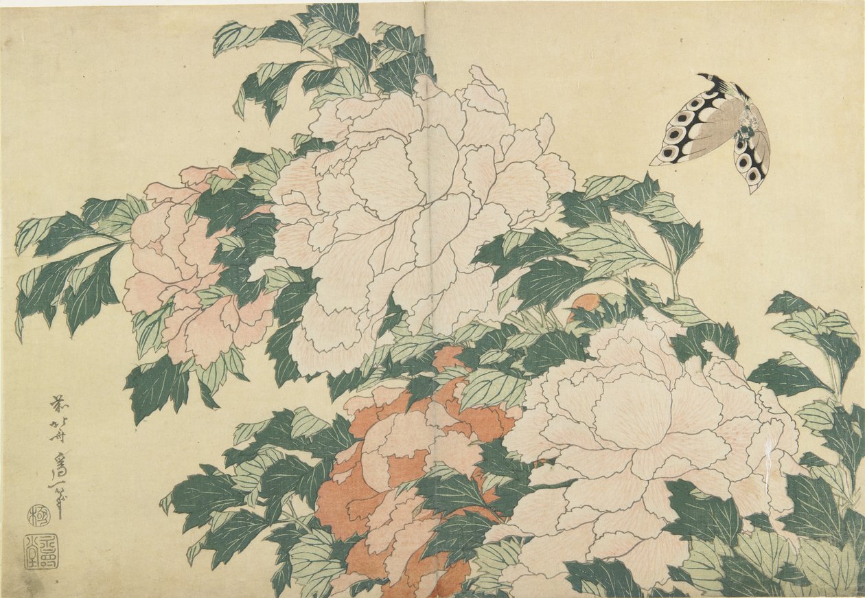牡丹和蝴蝶，c。 1830年至1831年 作者 葛饰北斋